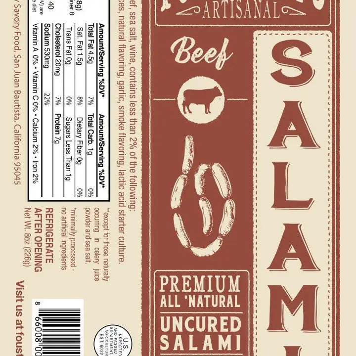 Beef Salami | Foustman's All-Natural Uncured Salami - 8oz